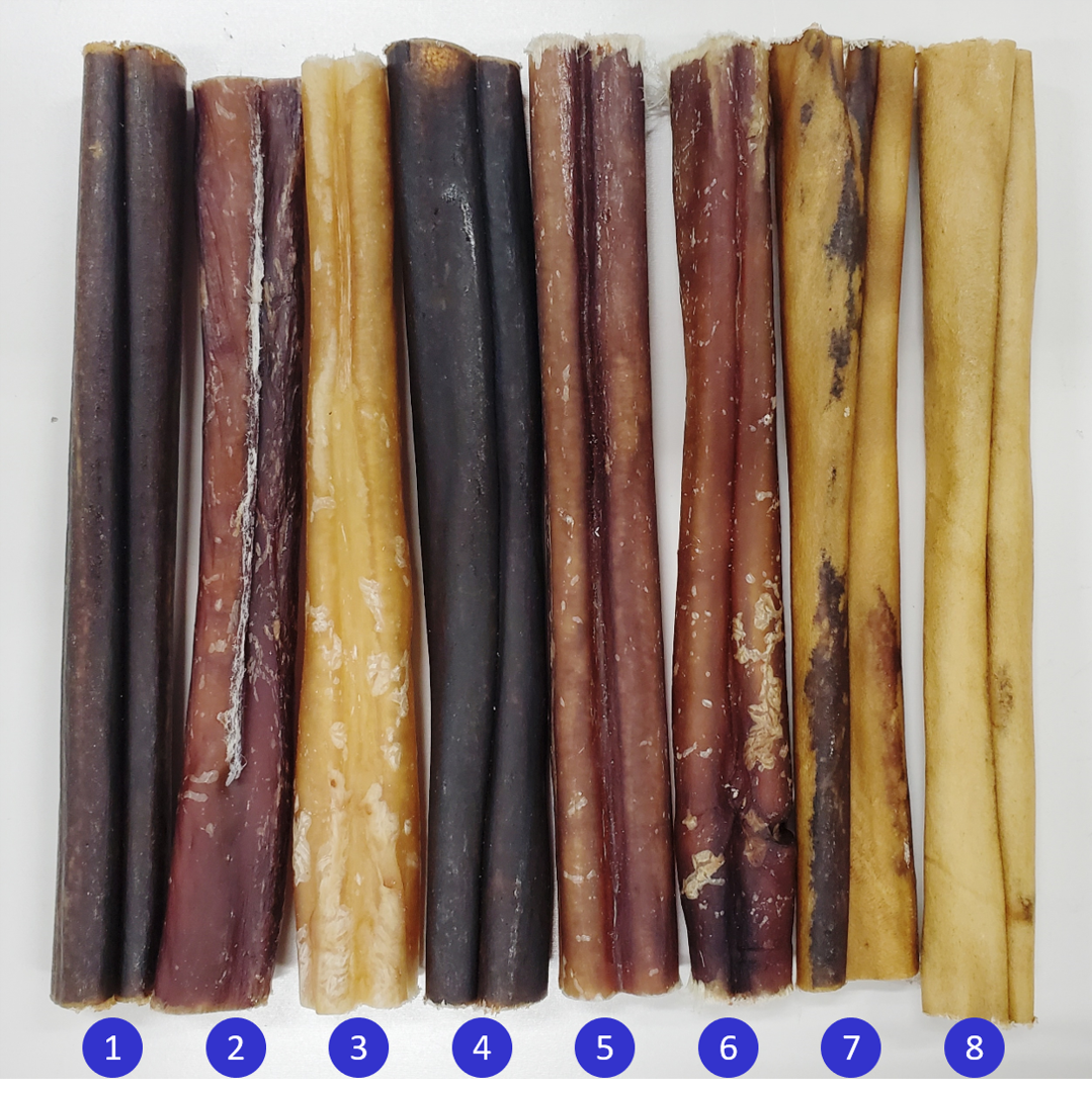 Overhead comparison of four bully sticks and four collagen chews placed side by side