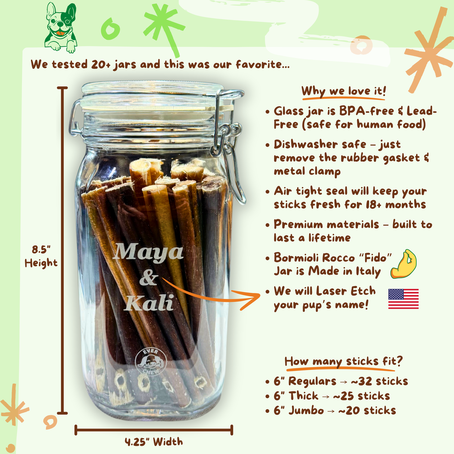 Customizable Stay Fresh Glass Storage Container for Bully Sticks - Bully Stick SafetyChew