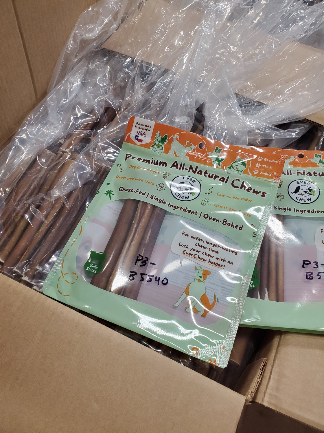 Representative EverChew dog chews placed in labeled bags for laboratory testing