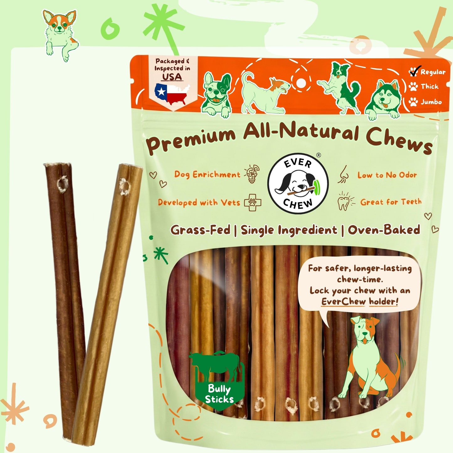 A package of 6 inch Regular EverChew Premium All-Natural Chews, featuring two bully sticks displayed next to the light green and orange bag. The packaging includes illustrations of dogs and a Texas flag.