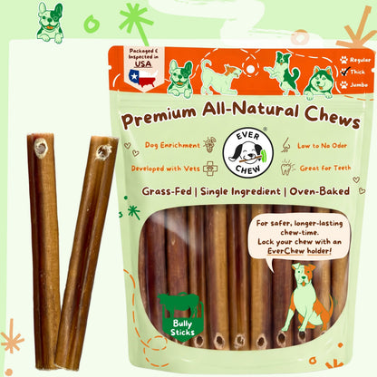 A package of 6 inch Thick Ever Chew Premium All-Natural Chews, featuring two bully sticks displayed next to the light green and orange bag. The packaging includes illustrations of dogs and a Texas flag.