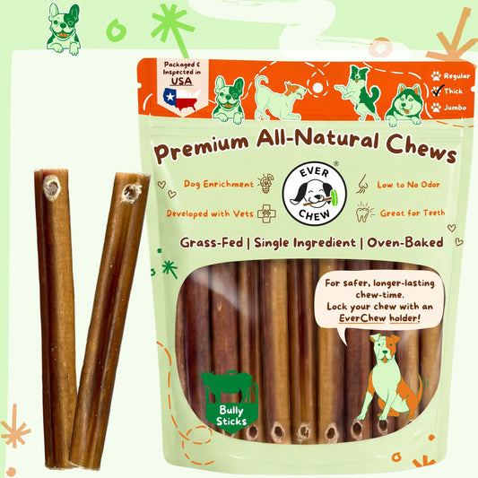 A package of 6 inch Thick Ever Chew Premium All-Natural Chews, featuring two bully sticks displayed next to the light green and orange bag. The packaging includes illustrations of dogs and a Texas flag.
