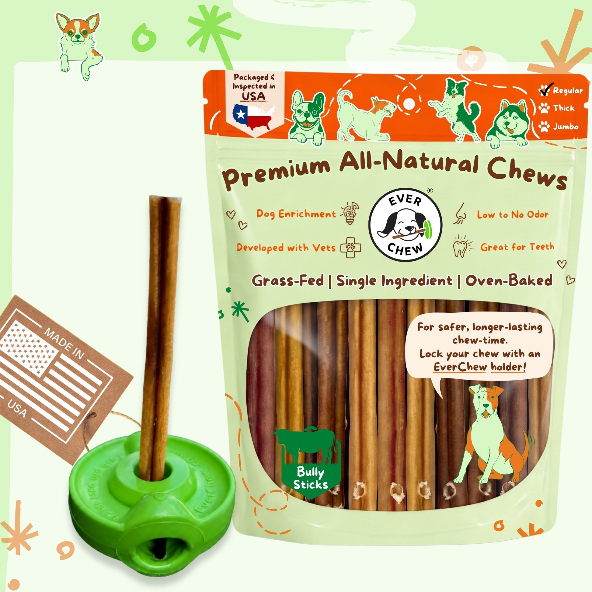 A package of Ever Chew Premium All-Natural Chews for dogs, shown with a single 6 inch regular bully stick locked upright in the green SafteyChew holder. The packaging is light green and orange with illustrations of dogs, and the chews inside are visible through a clear window.