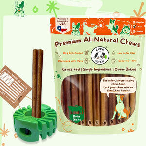 A package of Ever Chew Premium All-Natural Chews dog treats shown with several brown chew sticks in a clear window and a green SafetyChew Plus bully stick holder with a 6 inch Thick bully sticked locked in. 