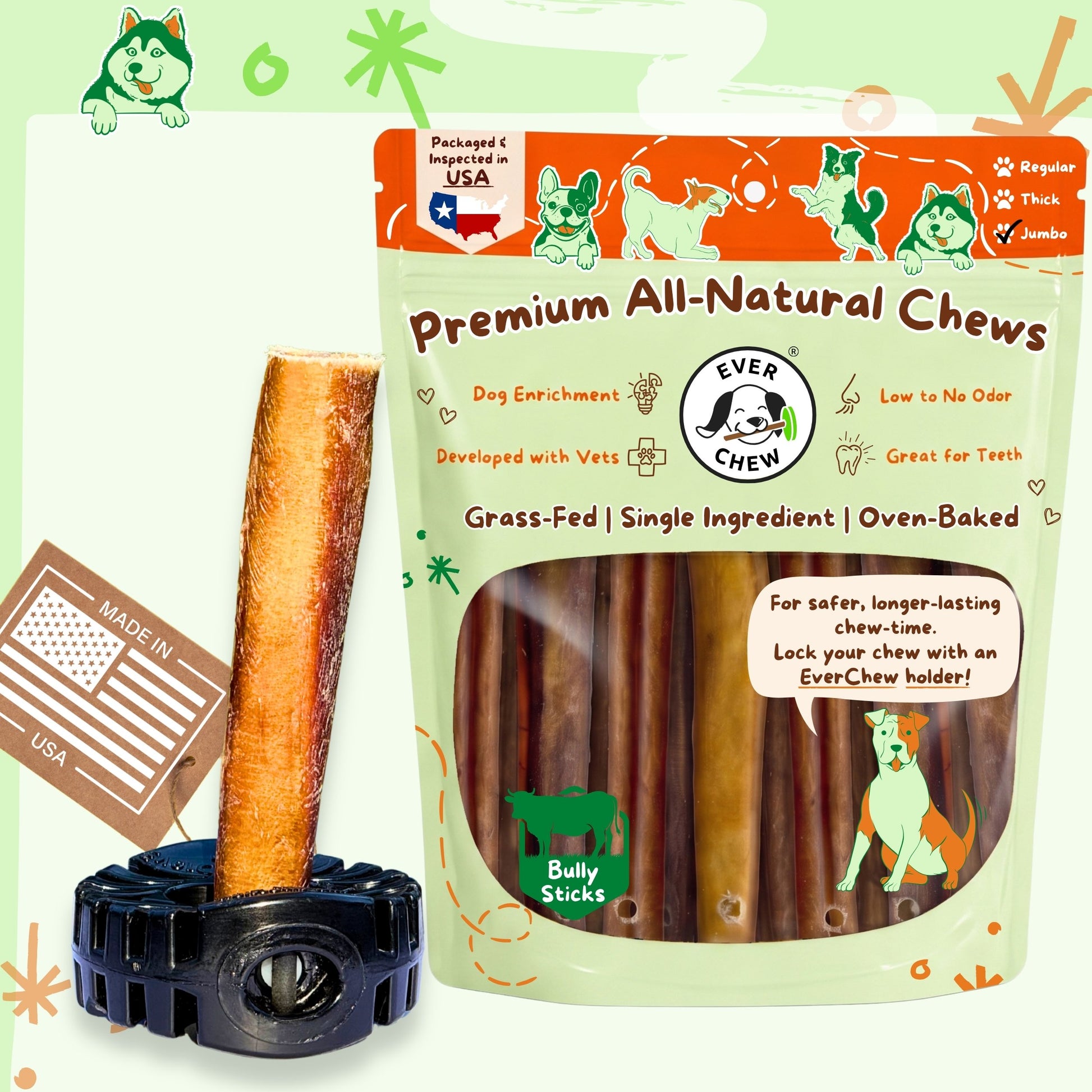 A package of EverChew Premium All-Natural Chews for dogs, shown with one Jumbo bully stick locked into the black SuperChew holder on a light green background with decorative doodles.