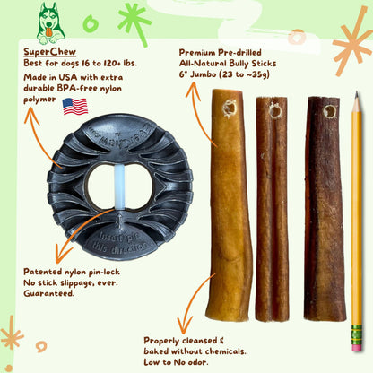 VIP SuperChew Large Dog Starter Pack: Indestructible Bully Stick Holder + All-Natural Bully Sticks for Dogs 40+ lbs & Superchewers - Bully Stick SafetyChew