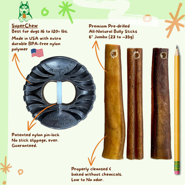 SuperChew Large Dog Starter Pack: Indestructible Dog Chew Holder + All-Natural Bully Sticks