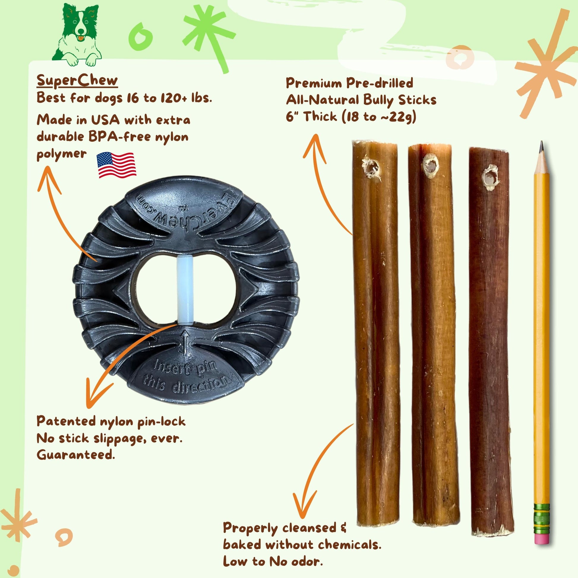 VIP SuperChew Large Dog Starter Pack: Indestructible Bully Stick Holder + All-Natural Bully Sticks for Dogs 40+ lbs & Superchewers - Bully Stick SafetyChew
