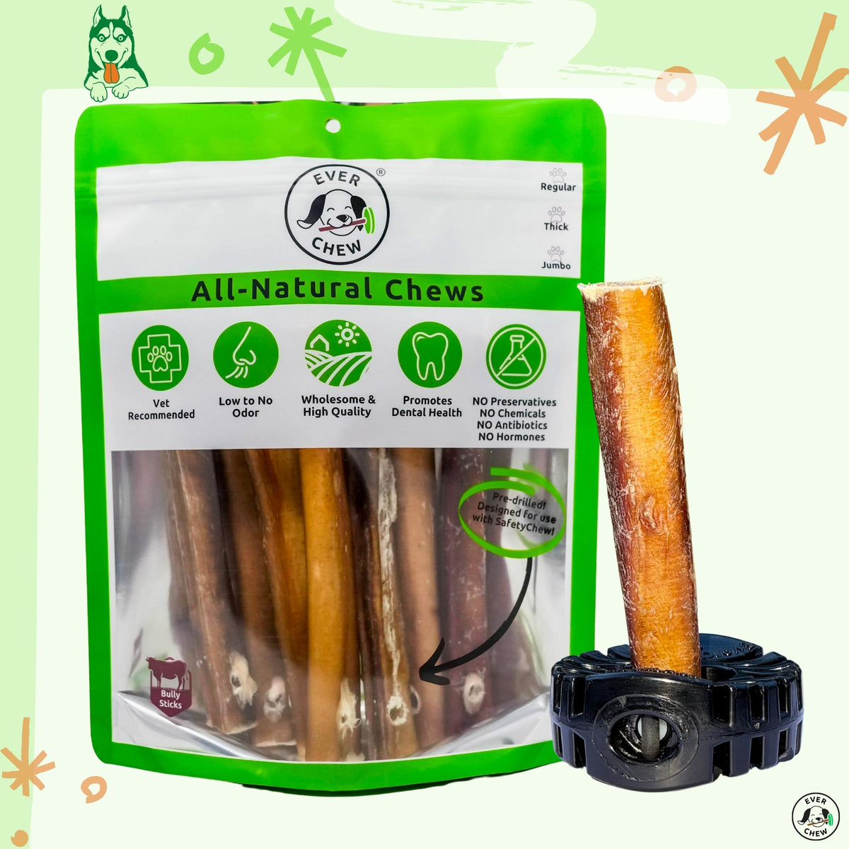 Close view through the EverChew pouch window showing aligned drilled holes in the bully sticks