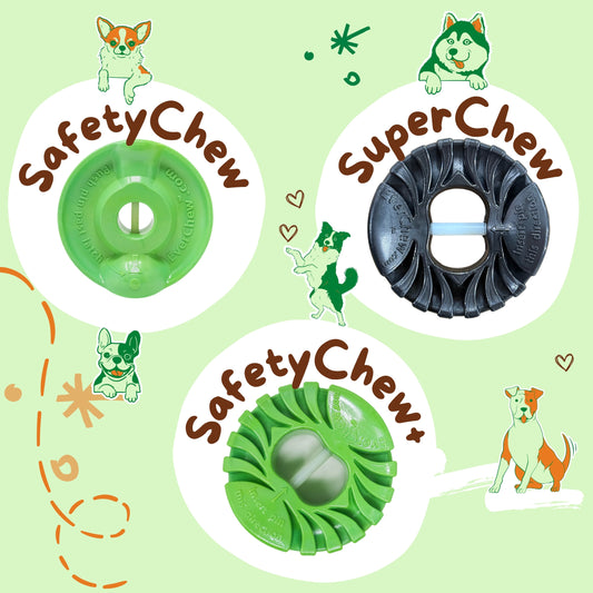 Three dog chew holders arranged on a pale green background with cartoon dog illustrations and the text 'SafetyChew', 'SuperChew', and 'SafetyChew+'. SafetyChew  is the top left - smallest and green. SafetyChew Plus is the bottom middle. SuperChew is the top right which is the black holder made from durable nylon