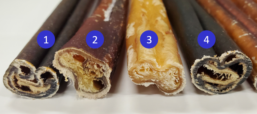Cut end of a collagen chew showing wrapped layers